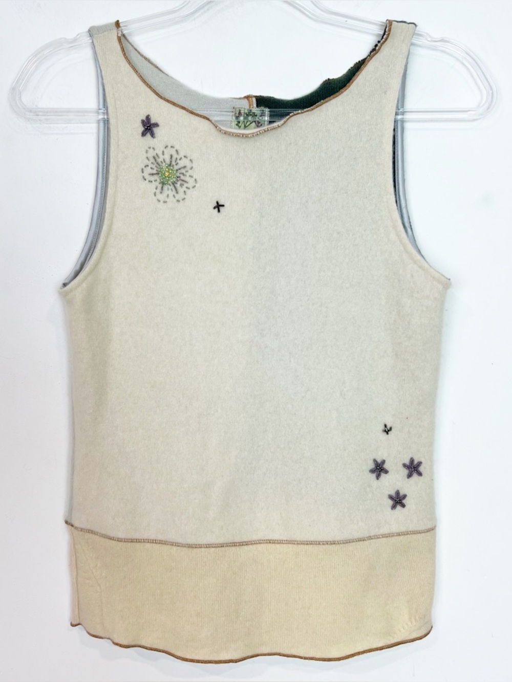 BURNING TORCH OFF-WHITE SLEEVELESS BEADED CASHMERE SWEATER SZ SMALL